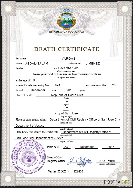 Modèle PSD de certificat de décès du Costa Rica